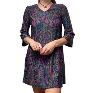 🥒 Jude Connally Abstract Feather Floral Lexi Shift 3/4 Sleeve Mini Dress Women S